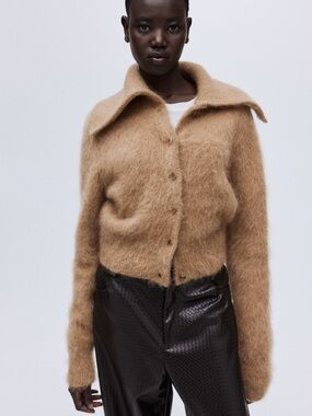 H&M Camel Mohair-Blend Button Front Cardigan SMALL EUC